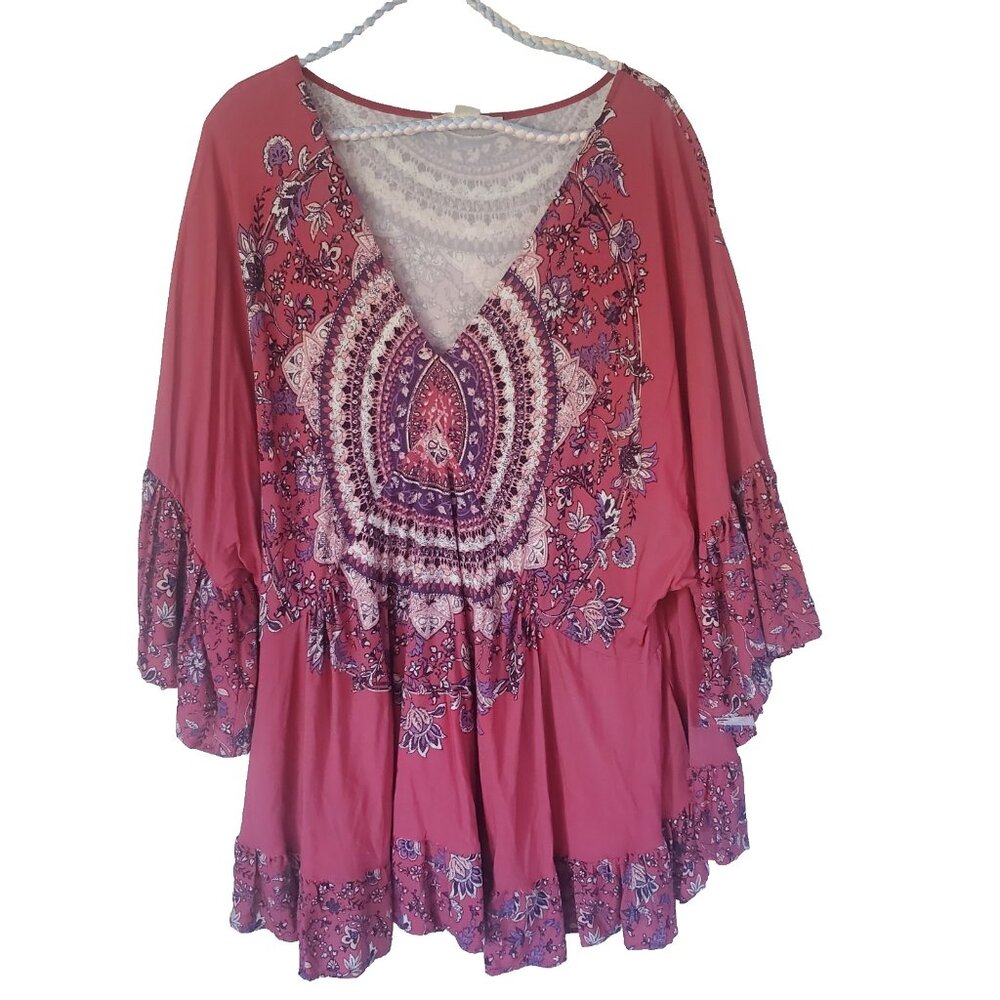 Aveology‎ Womens Babydoll Tunic Top Size 22/24 Ruffle Bell Sleeve Boho Peasant